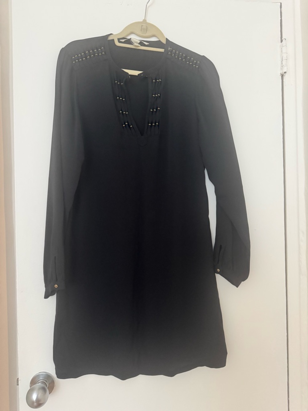 Diane Von Furstenberg Black Long-Sleeve Tunic Dress with Stud Detail & belt.